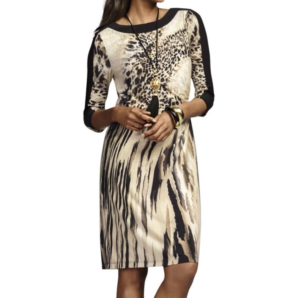 Chico's Leopard Zebra Mix Ruched Stretch Dress 0 S 3/4 Sleeve Colorblock Midi
